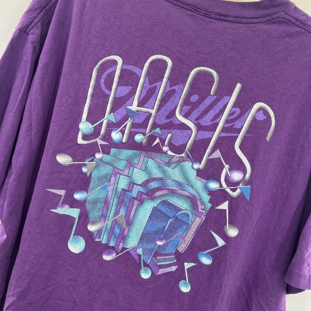 Vintage Miller Beer Oasis T Shirt Mens 2XL Purple 90s Jazz Palm Trees SS *FLAWS